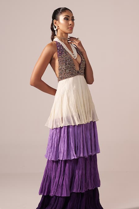 Buy_Jyoti Sachdev Iyer_Purple Chanderi Beads, Sequins, Embroidery Halter Neck Hand Tiered Maxi Dress _Online_at_Aza_Fashions