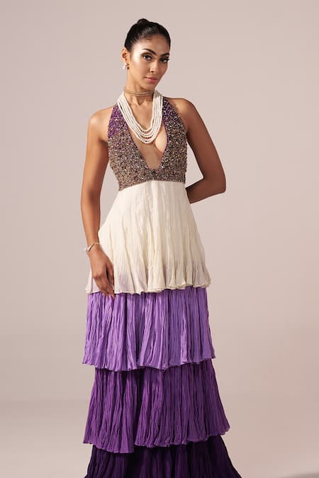 Shop_Jyoti Sachdev Iyer_Purple Chanderi Beads, Sequins, Embroidery Halter Neck Hand Tiered Maxi Dress _Online_at_Aza_Fashions