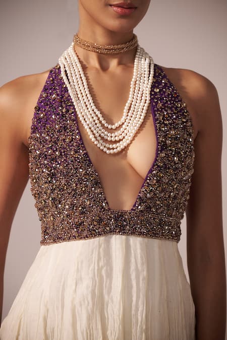 Jyoti Sachdev Iyer_Purple Chanderi Beads, Sequins, Embroidery Halter Neck Hand Tiered Maxi Dress _at_Aza_Fashions