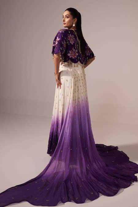 Jyoti Sachdev Iyer_White Chanderi Sequins, Stones Hand Embroidered Ombre Anarkali With Cape _Online_at_Aza_Fashions