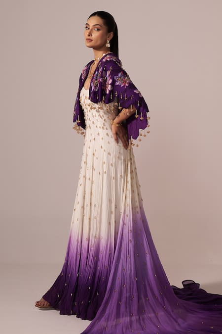 Buy_Jyoti Sachdev Iyer_White Chanderi Sequins, Stones Hand Embroidered Ombre Anarkali With Cape _Online_at_Aza_Fashions