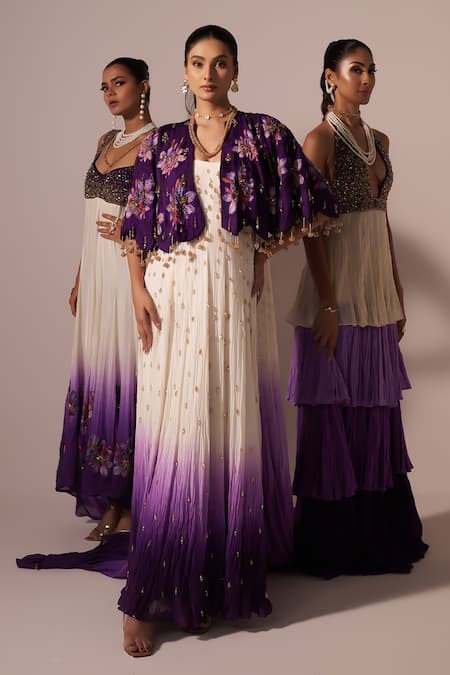 Shop_Jyoti Sachdev Iyer_White Chanderi Sequins, Stones Hand Embroidered Ombre Anarkali With Cape _Online_at_Aza_Fashions