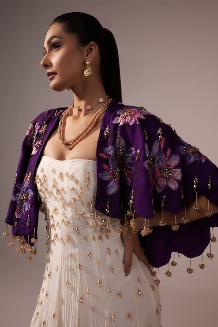 Jyoti Sachdev Iyer_White Chanderi Sequins, Stones Hand Embroidered Ombre Anarkali With Cape _at_Aza_Fashions