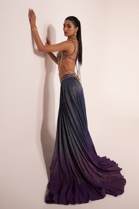 Jyoti Sachdev Iyer_Blue Chanderi Silk Embroidery, Sequins, Beads, Metallic Lehenga With Blouse _Online_at_Aza_Fashions