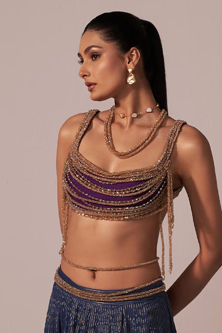 Buy_Jyoti Sachdev Iyer_Blue Chanderi Silk Embroidery, Sequins, Beads, Metallic Lehenga With Blouse _Online_at_Aza_Fashions