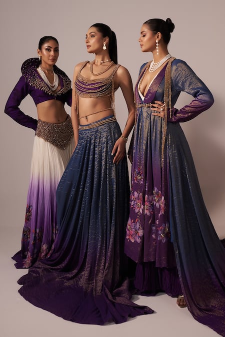 Jyoti Sachdev Iyer_Blue Chanderi Silk Embroidery, Sequins, Beads, Metallic Lehenga With Blouse _at_Aza_Fashions