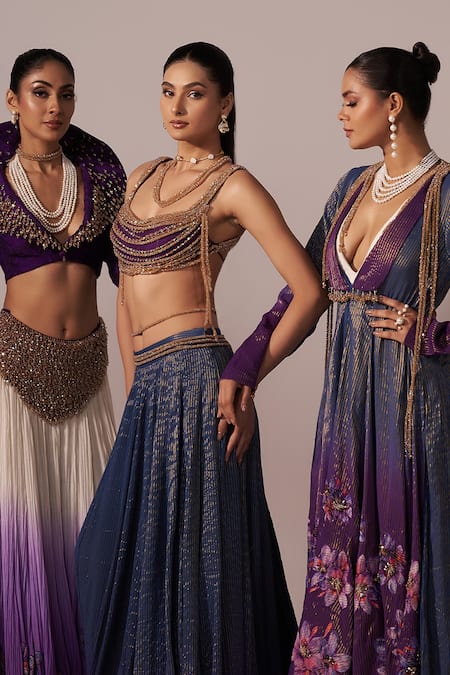 Buy_Jyoti Sachdev Iyer_Blue Chanderi Silk Embroidery, Sequins, Beads, Metallic Lehenga With Blouse 