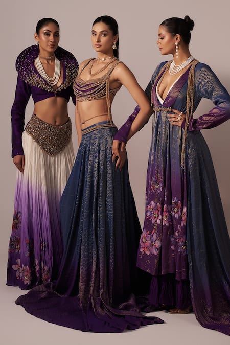 Shop_Jyoti Sachdev Iyer_Blue Chanderi Silk Embroidery, Sequins, Beads, Metallic Lehenga With Blouse 