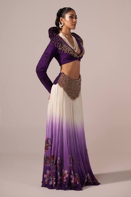 Jyoti Sachdev Iyer Off White Chanderi Embroidery, Sequins, Ombre Floral Hand Lehenga With Blouse Online at Aza Fashions Jyoti Sachdev Iyer_Off White Chanderi Embroidery, Sequins, Ombre Floral Hand Lehenga With Blouse _Online_at_Aza_Fashions