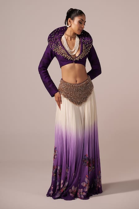 Shop Jyoti Sachdev Iyer Off White Chanderi Embroidery, Sequins, Ombre Floral Hand Lehenga With Blouse Online at Aza Fashions Shop_Jyoti Sachdev Iyer_Off White Chanderi Embroidery, Sequins, Ombre Floral Hand Lehenga With Blouse _Online_at_Aza_Fashions