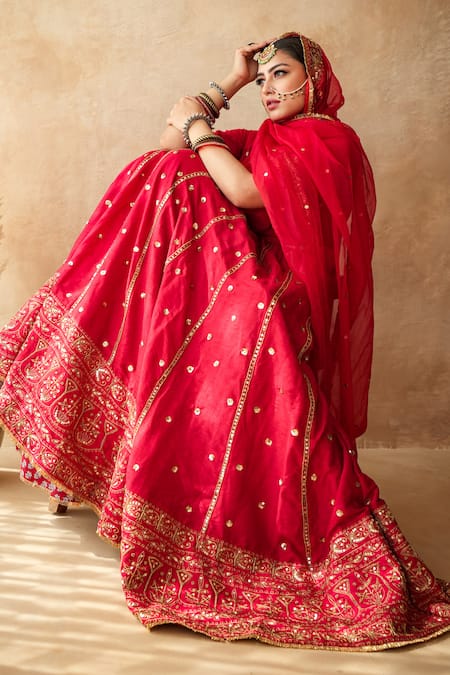 Gulabo Jaipur_Red Chanderi Embroidery, Zari, Sequins Mashoor Lehenga Set _at_Aza_Fashions