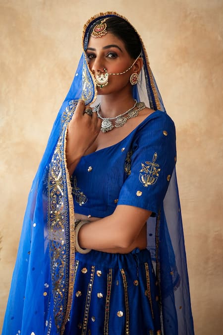 Gulabo Jaipur_Blue Chanderi Embroidery, Sequins, Zari Mashoor Lehenga Set _Online_at_Aza_Fashions