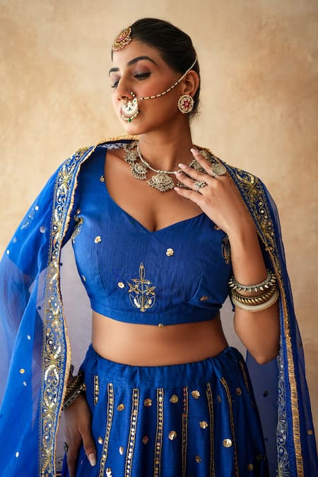 Buy_Gulabo Jaipur_Blue Chanderi Embroidery, Sequins, Zari Mashoor Lehenga Set _Online_at_Aza_Fashions