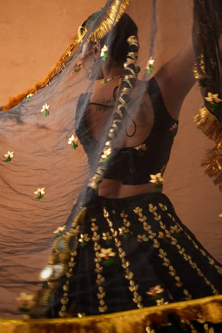 Gulabo Jaipur Black Chanderi Metallic Thread, Embroidery, Tassels Devika Lehenga Set Online at Aza Fashions Gulabo Jaipur_Black Chanderi Metallic Thread, Embroidery, Tassels Devika Lehenga Set _Online_at_Aza_Fashions