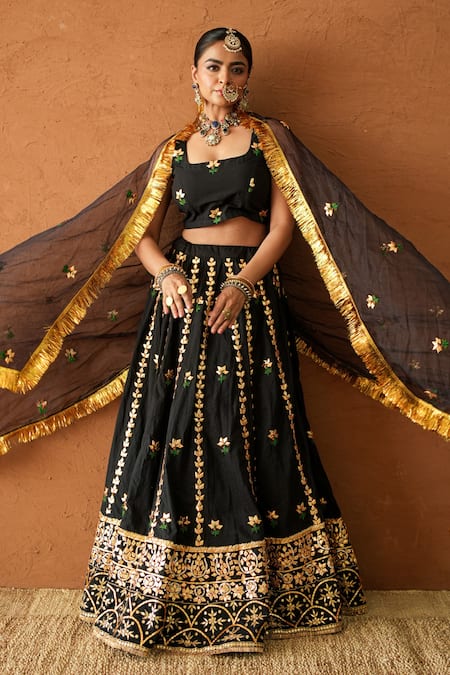 Gulabo Jaipur Black Chanderi Metallic Thread, Embroidery, Tassels Devika Lehenga Set at Aza Fashions Gulabo Jaipur_Black Chanderi Metallic Thread, Embroidery, Tassels Devika Lehenga Set _at_Aza_Fashions