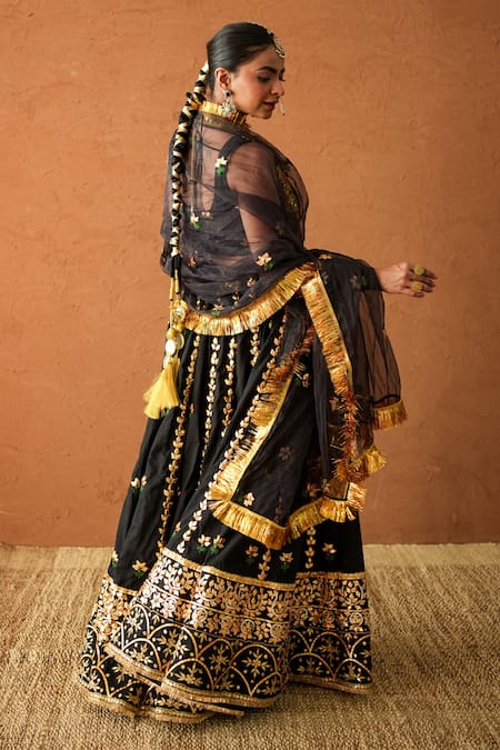 Buy Gulabo Jaipur Black Chanderi Metallic Thread, Embroidery, Tassels Devika Lehenga Set Buy_Gulabo Jaipur_Black Chanderi Metallic Thread, Embroidery, Tassels Devika Lehenga Set