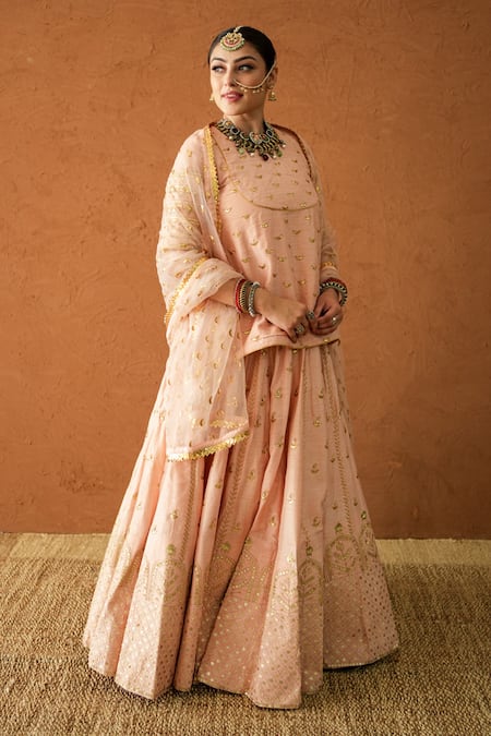 Shop Gulabo Jaipur Peach Chanderi, Organza Embroidery, Zari, Lace Round Neck Falak Lehenga Set Online at Aza Fashions Shop_Gulabo Jaipur_Peach Chanderi, Organza Embroidery, Zari, Lace Round Neck Falak Lehenga Set _Online_at_Aza_Fashions