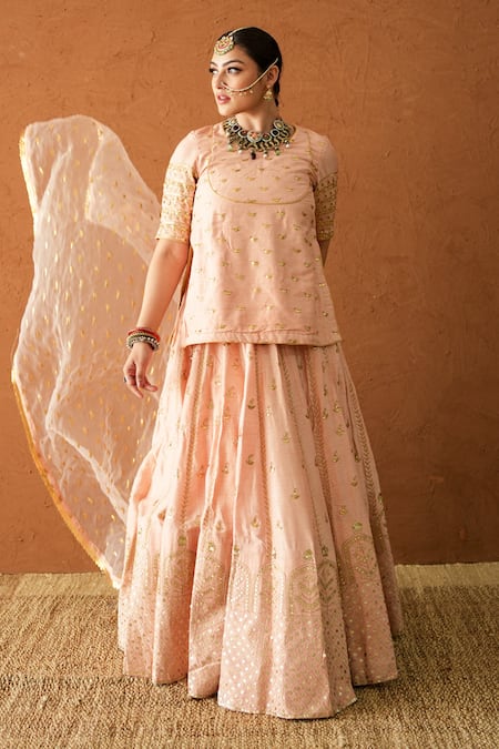 Gulabo Jaipur Peach Chanderi, Organza Embroidery, Zari, Lace Round Neck Falak Lehenga Set at Aza Fashions Gulabo Jaipur_Peach Chanderi, Organza Embroidery, Zari, Lace Round Neck Falak Lehenga Set _at_Aza_Fashions