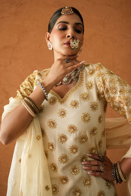 Gulabo Jaipur_Ivory Chanderi, Doriya Embroidery, Sequins, Lace, Noormahal Kurta Lehenga Set _Online_at_Aza_Fashions