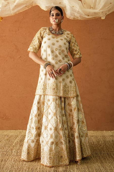 Buy_Gulabo Jaipur_Ivory Chanderi, Doriya Embroidery, Sequins, Lace, Noormahal Kurta Lehenga Set _Online_at_Aza_Fashions