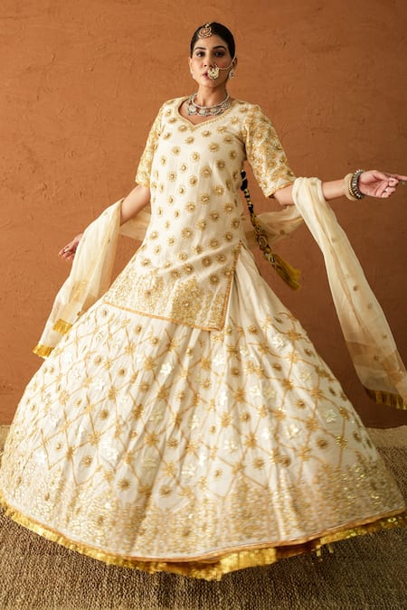 Shop_Gulabo Jaipur_Ivory Chanderi, Doriya Embroidery, Sequins, Lace, Noormahal Kurta Lehenga Set _Online_at_Aza_Fashions