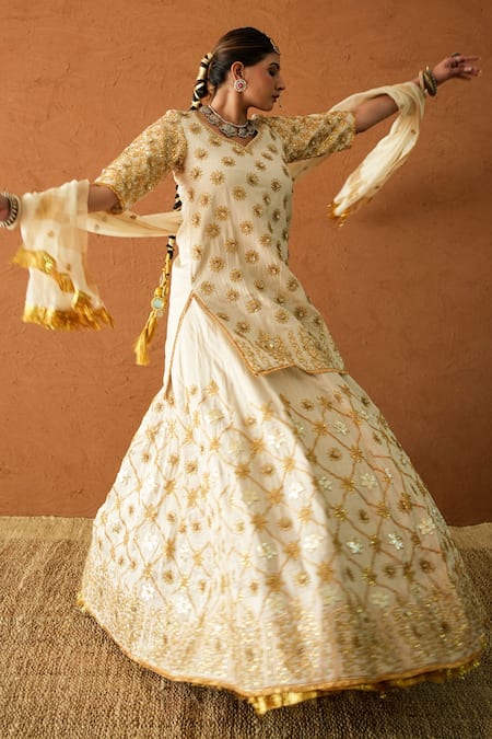 Gulabo Jaipur_Ivory Chanderi, Doriya Embroidery, Sequins, Lace, Noormahal Kurta Lehenga Set _at_Aza_Fashions