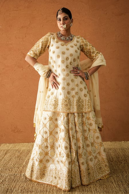Gulabo Jaipur Noormahal Ivory Embroidered Kurta Lehenga Set 