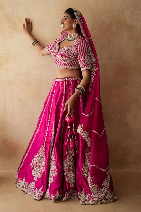 Gulabo Jaipur_Fuchsia Chanderi, Net Embroidery, Zari, Sequins Rani Bridal Lehenga Set _Online_at_Aza_Fashions