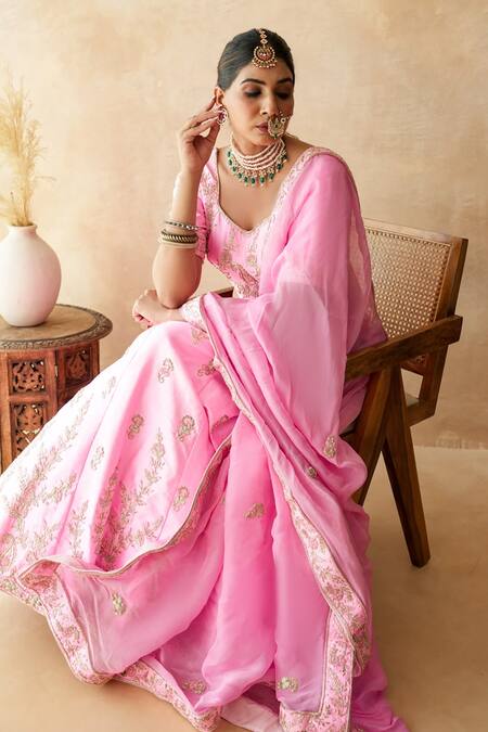 Buy_Gulabo Jaipur_Pink Tussar, Satin Zari, Sequins, Embroidery Usma Lehenga Set _Online_at_Aza_Fashions