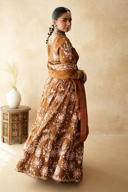 Gulabo Jaipur_Brown Tussar, Satin Embroidery V-neck Chitra Lehenga Set _Online_at_Aza_Fashions