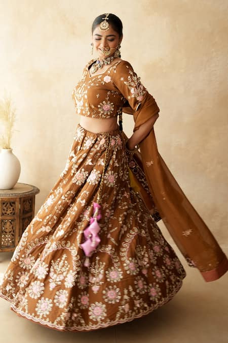 Buy_Gulabo Jaipur_Brown Tussar, Satin Embroidery V-neck Chitra Lehenga Set _Online_at_Aza_Fashions