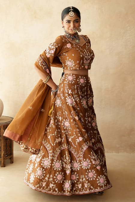 Shop_Gulabo Jaipur_Brown Tussar, Satin Embroidery V-neck Chitra Lehenga Set _Online_at_Aza_Fashions