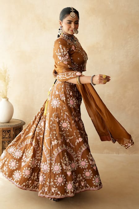 Gulabo Jaipur_Brown Tussar, Satin Embroidery V-neck Chitra Lehenga Set _at_Aza_Fashions