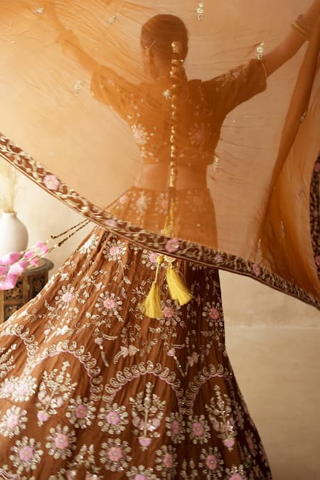 Buy_Gulabo Jaipur_Brown Tussar, Satin Embroidery V-neck Chitra Lehenga Set 