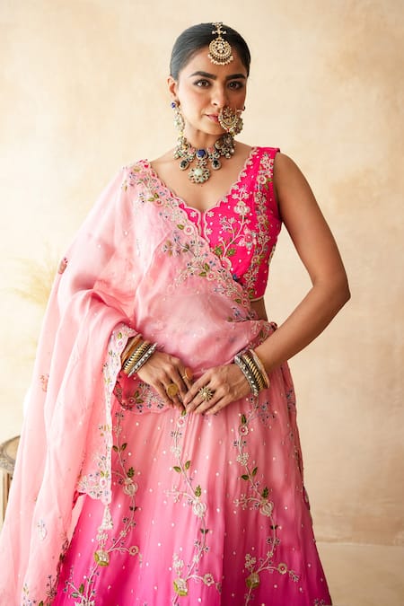 Gulabo Jaipur_Pink Tussar, Satin, Net Embroidery, Zari, Sequins Aishwarya Peach Lehenga Set _Online_at_Aza_Fashions