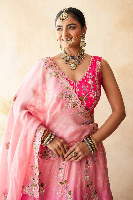 Buy_Gulabo Jaipur_Pink Tussar, Satin, Net Embroidery, Zari, Sequins Aishwarya Peach Lehenga Set _Online_at_Aza_Fashions