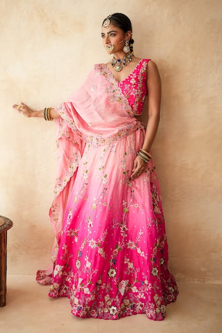 Shop_Gulabo Jaipur_Pink Tussar, Satin, Net Embroidery, Zari, Sequins Aishwarya Peach Lehenga Set _Online_at_Aza_Fashions