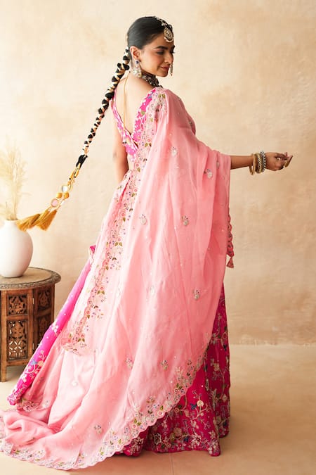 Gulabo Jaipur_Pink Tussar, Satin, Net Embroidery, Zari, Sequins Aishwarya Peach Lehenga Set _at_Aza_Fashions