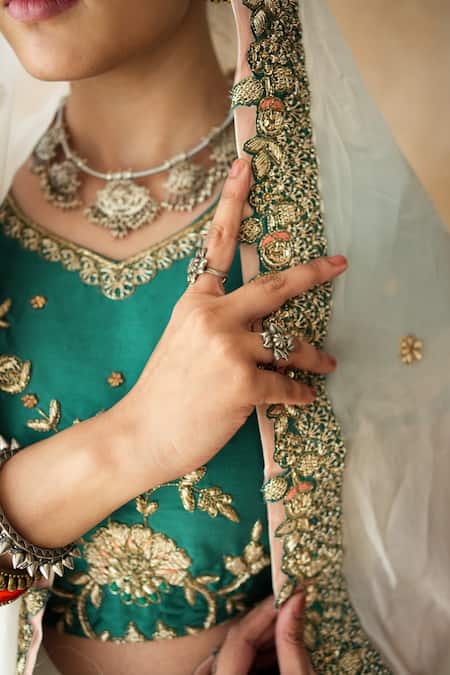 Gulabo Jaipur_Emerald Green Tussar, Satin Embroidery, Zari Umrao Lehenga Set _Online_at_Aza_Fashions
