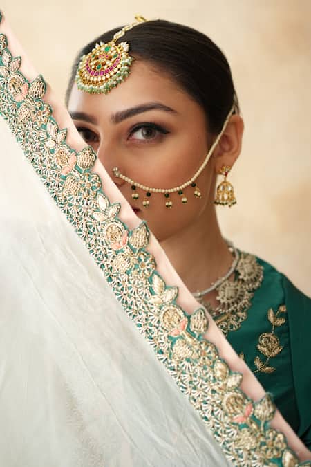 Buy_Gulabo Jaipur_Emerald Green Tussar, Satin Embroidery, Zari Umrao Lehenga Set _Online_at_Aza_Fashions