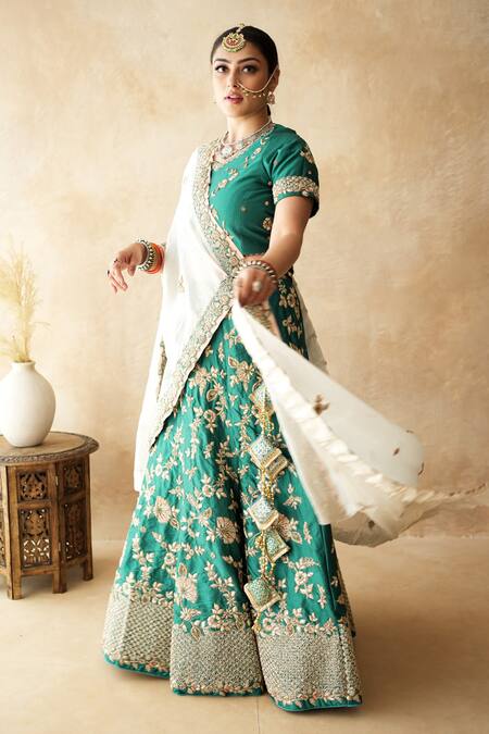 Shop_Gulabo Jaipur_Emerald Green Tussar, Satin Embroidery, Zari Umrao Lehenga Set _Online_at_Aza_Fashions