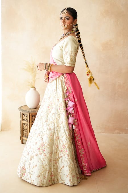 Gulabo Jaipur_Ivory Tussar, Satin Embroidery, Tassels Noor Lehenga Set _Online_at_Aza_Fashions