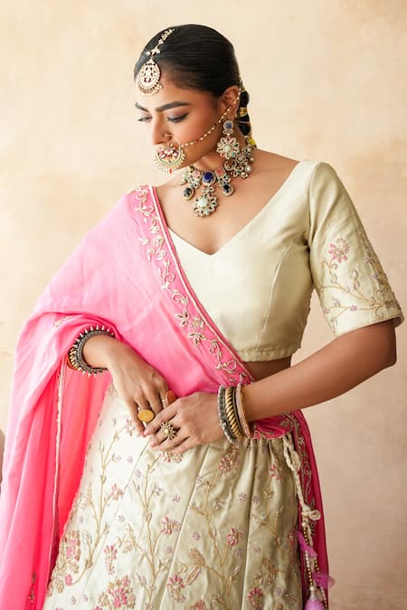 Shop_Gulabo Jaipur_Ivory Tussar, Satin Embroidery, Tassels Noor Lehenga Set _Online_at_Aza_Fashions