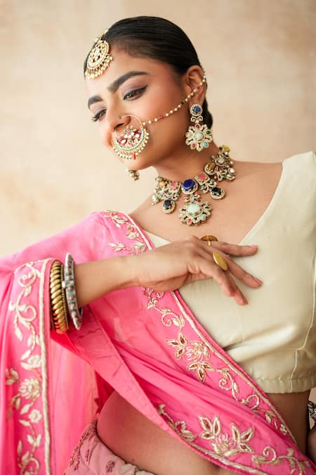 Gulabo Jaipur_Ivory Tussar, Satin Embroidery, Tassels Noor Lehenga Set _at_Aza_Fashions