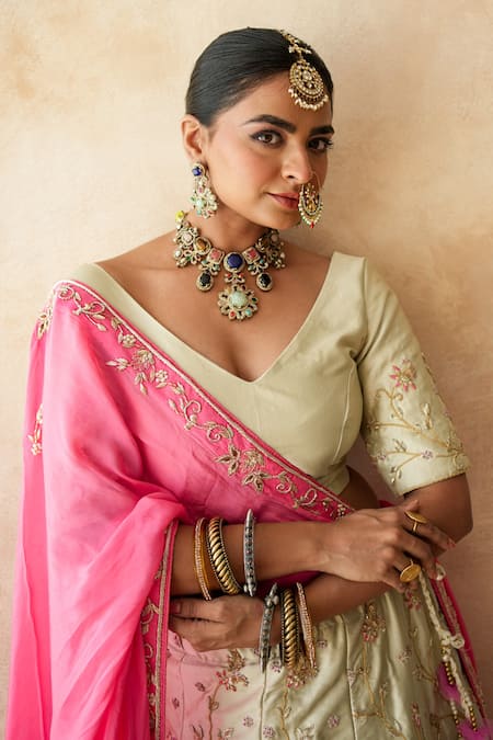 Buy_Gulabo Jaipur_Ivory Tussar, Satin Embroidery, Tassels Noor Lehenga Set 