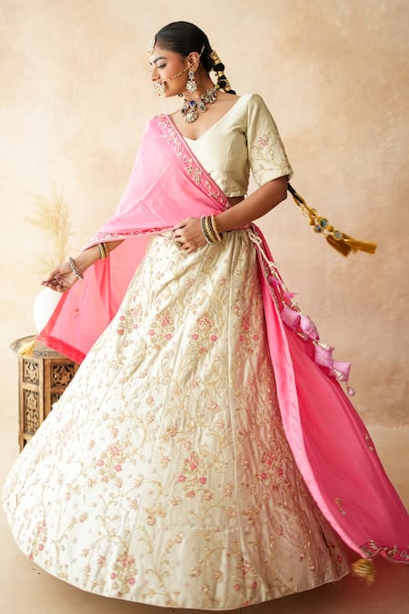Shop_Gulabo Jaipur_Ivory Tussar, Satin Embroidery, Tassels Noor Lehenga Set 