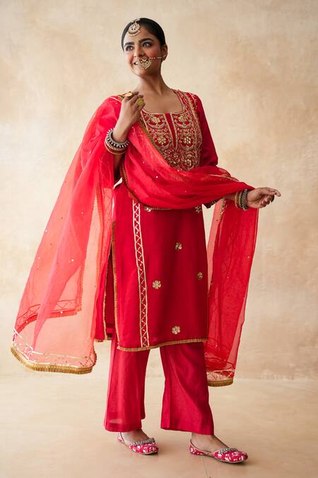 Shop_Gulabo Jaipur_Red Tussar, Satin, Organza Embroidery, Sequins, Tara Straight Kurta Set _Online_at_Aza_Fashions