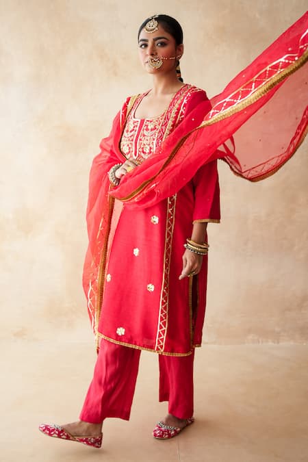 Gulabo Jaipur_Red Tussar, Satin, Organza Embroidery, Sequins, Tara Straight Kurta Set _at_Aza_Fashions
