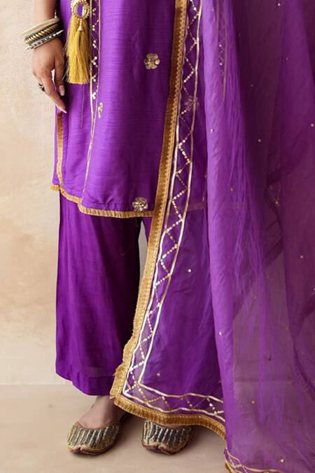 Gulabo Jaipur_Purple Chanderi Embroidery, Sequins, Mirrors Square Tara Straight Kurta Set _Online_at_Aza_Fashions