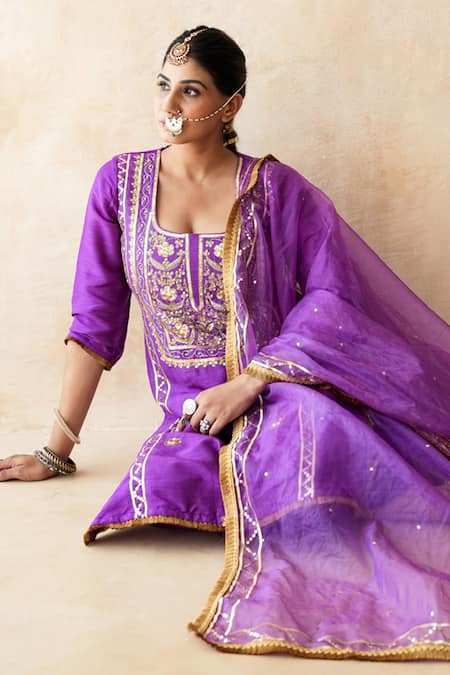 Buy_Gulabo Jaipur_Purple Chanderi Embroidery, Sequins, Mirrors Square Tara Straight Kurta Set _Online_at_Aza_Fashions